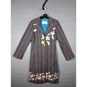 Johnny Was Womens Coat Small Brown Stripe Embroidered Floral Long Multi Y2K Boho